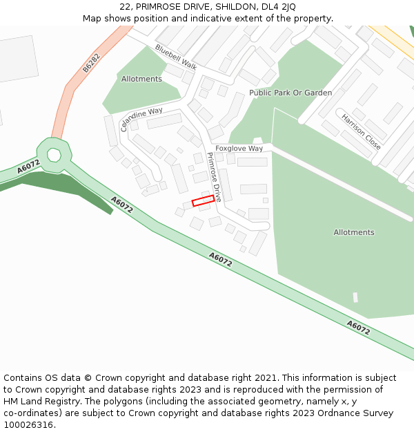 22, PRIMROSE DRIVE, SHILDON, DL4 2JQ: Location map and indicative extent of plot