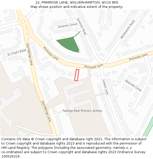 22, PRIMROSE LANE, WOLVERHAMPTON, WV10 8RS: Location map and indicative extent of plot