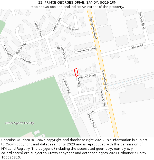 22, PRINCE GEORGES DRIVE, SANDY, SG19 1RN: Location map and indicative extent of plot