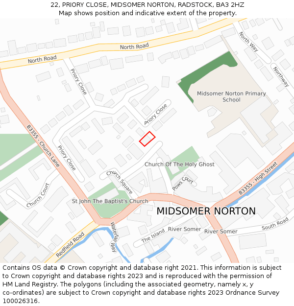 22, PRIORY CLOSE, MIDSOMER NORTON, RADSTOCK, BA3 2HZ: Location map and indicative extent of plot