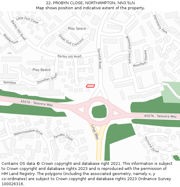 22, PROBYN CLOSE, NORTHAMPTON, NN3 5LN: Location map and indicative extent of plot
