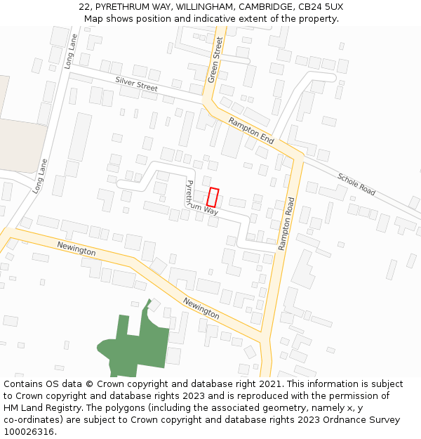 22, PYRETHRUM WAY, WILLINGHAM, CAMBRIDGE, CB24 5UX: Location map and indicative extent of plot