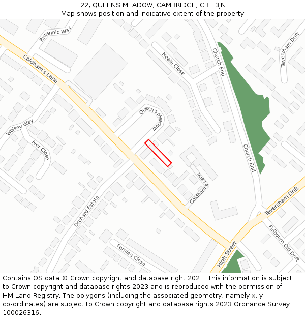 22, QUEENS MEADOW, CAMBRIDGE, CB1 3JN: Location map and indicative extent of plot