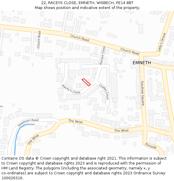 22, RACEYS CLOSE, EMNETH, WISBECH, PE14 8BT: Location map and indicative extent of plot