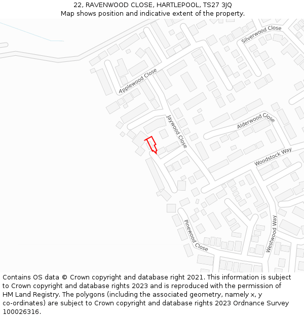 22, RAVENWOOD CLOSE, HARTLEPOOL, TS27 3JQ: Location map and indicative extent of plot