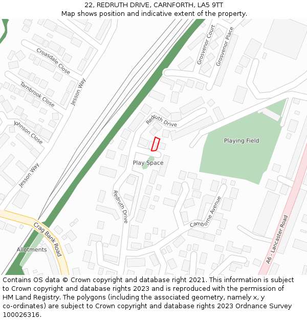 22, REDRUTH DRIVE, CARNFORTH, LA5 9TT: Location map and indicative extent of plot