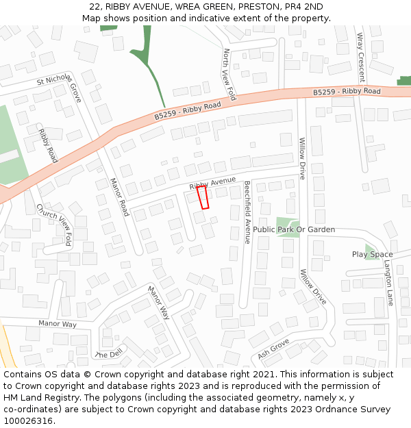 22, RIBBY AVENUE, WREA GREEN, PRESTON, PR4 2ND: Location map and indicative extent of plot