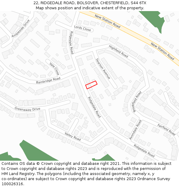 22, RIDGEDALE ROAD, BOLSOVER, CHESTERFIELD, S44 6TX: Location map and indicative extent of plot