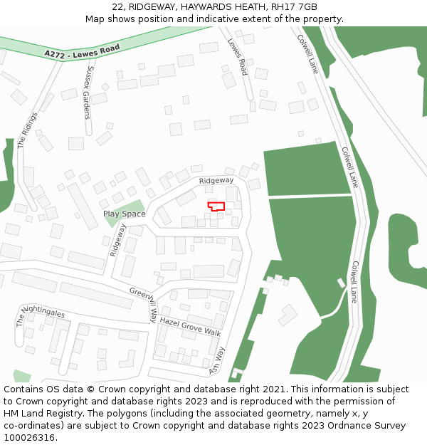 22, RIDGEWAY, HAYWARDS HEATH, RH17 7GB: Location map and indicative extent of plot