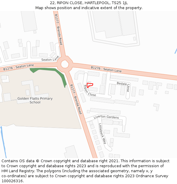 22, RIPON CLOSE, HARTLEPOOL, TS25 1JL: Location map and indicative extent of plot