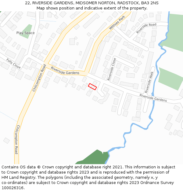 22, RIVERSIDE GARDENS, MIDSOMER NORTON, RADSTOCK, BA3 2NS: Location map and indicative extent of plot