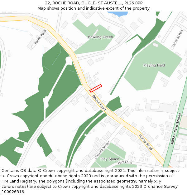 22, ROCHE ROAD, BUGLE, ST AUSTELL, PL26 8PP: Location map and indicative extent of plot