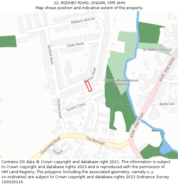 22, RODNEY ROAD, ONGAR, CM5 9HN: Location map and indicative extent of plot