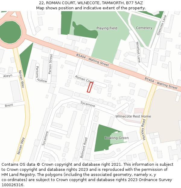 22, ROMAN COURT, WILNECOTE, TAMWORTH, B77 5AZ: Location map and indicative extent of plot
