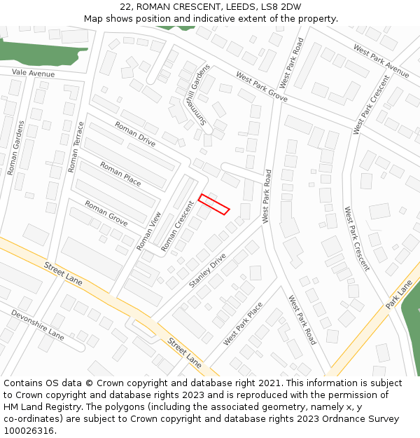 22, ROMAN CRESCENT, LEEDS, LS8 2DW: Location map and indicative extent of plot