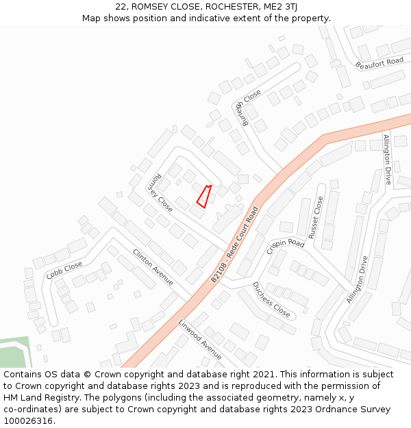 22, ROMSEY CLOSE, ROCHESTER, ME2 3TJ: Location map and indicative extent of plot