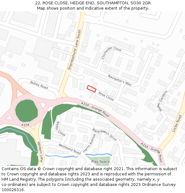 22, ROSE CLOSE, HEDGE END, SOUTHAMPTON, SO30 2GR: Location map and indicative extent of plot