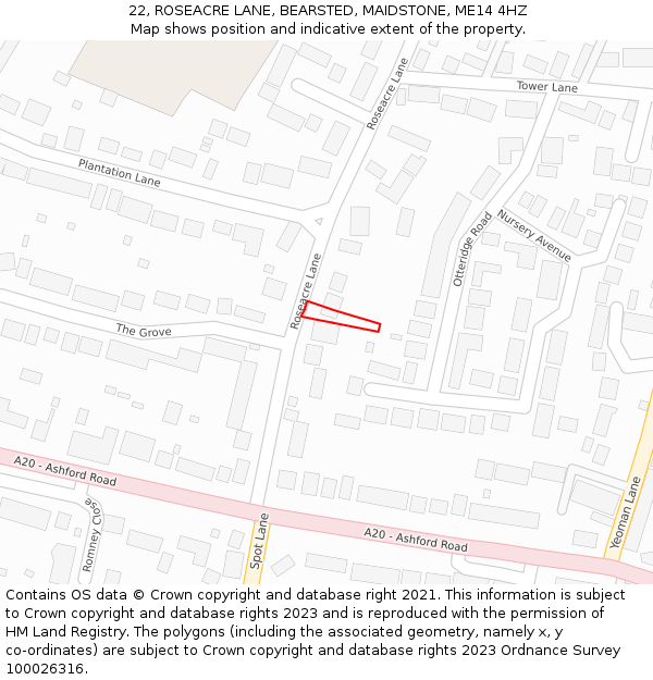 22, ROSEACRE LANE, BEARSTED, MAIDSTONE, ME14 4HZ: Location map and indicative extent of plot