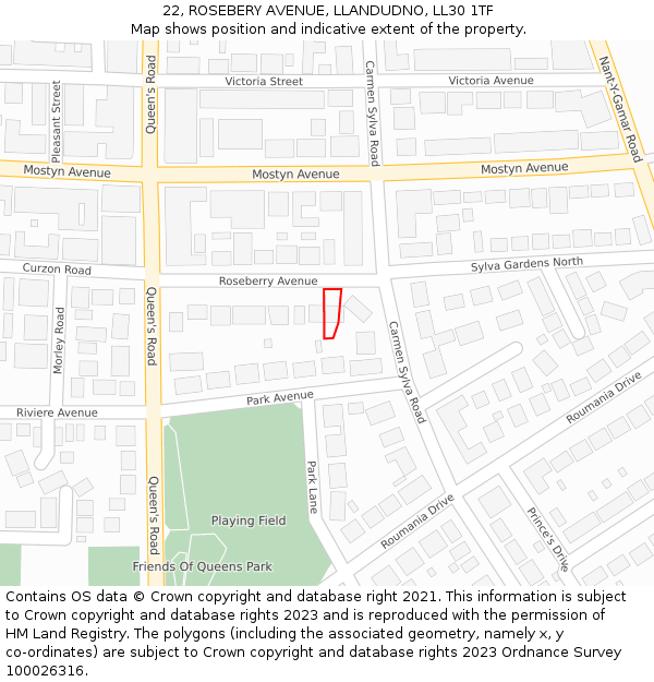22, ROSEBERY AVENUE, LLANDUDNO, LL30 1TF: Location map and indicative extent of plot