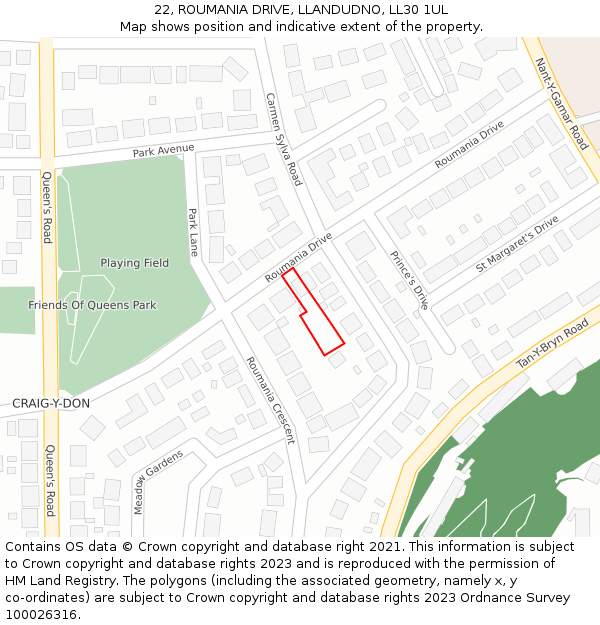 22, ROUMANIA DRIVE, LLANDUDNO, LL30 1UL: Location map and indicative extent of plot