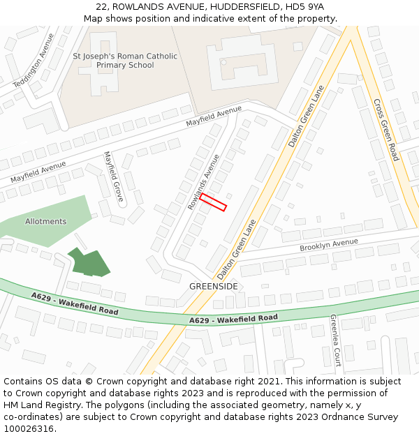 22, ROWLANDS AVENUE, HUDDERSFIELD, HD5 9YA: Location map and indicative extent of plot