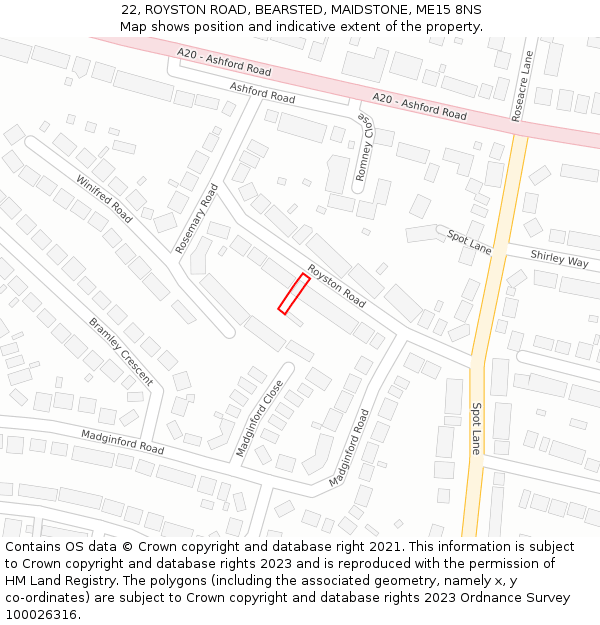 22, ROYSTON ROAD, BEARSTED, MAIDSTONE, ME15 8NS: Location map and indicative extent of plot