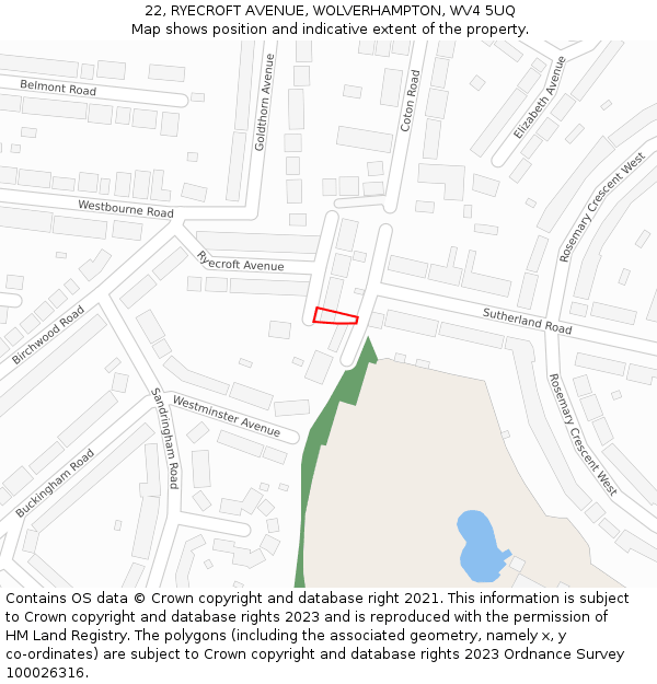 22, RYECROFT AVENUE, WOLVERHAMPTON, WV4 5UQ: Location map and indicative extent of plot