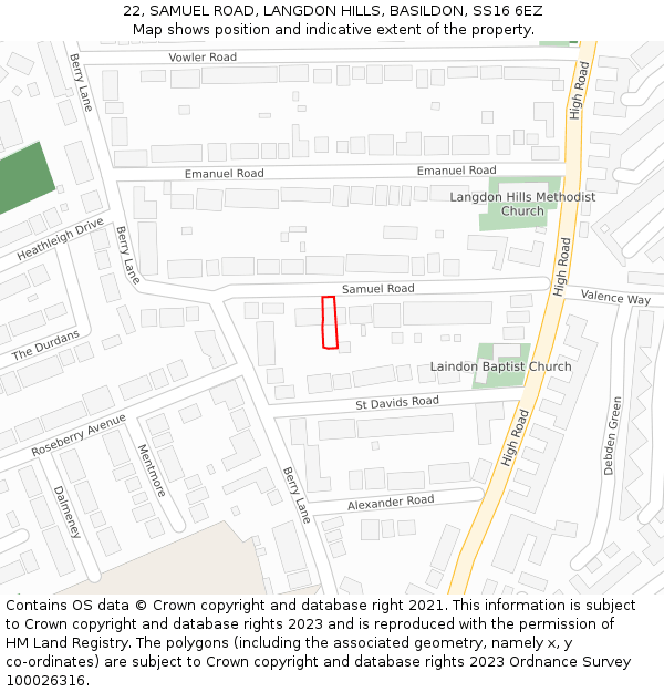 22, SAMUEL ROAD, LANGDON HILLS, BASILDON, SS16 6EZ: Location map and indicative extent of plot