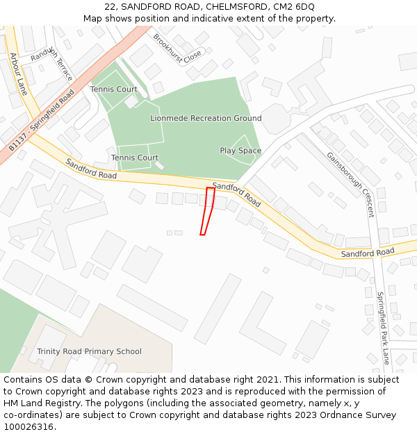 22, SANDFORD ROAD, CHELMSFORD, CM2 6DQ: Location map and indicative extent of plot
