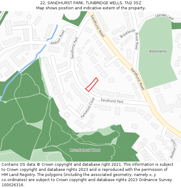 22, SANDHURST PARK, TUNBRIDGE WELLS, TN2 3SZ: Location map and indicative extent of plot