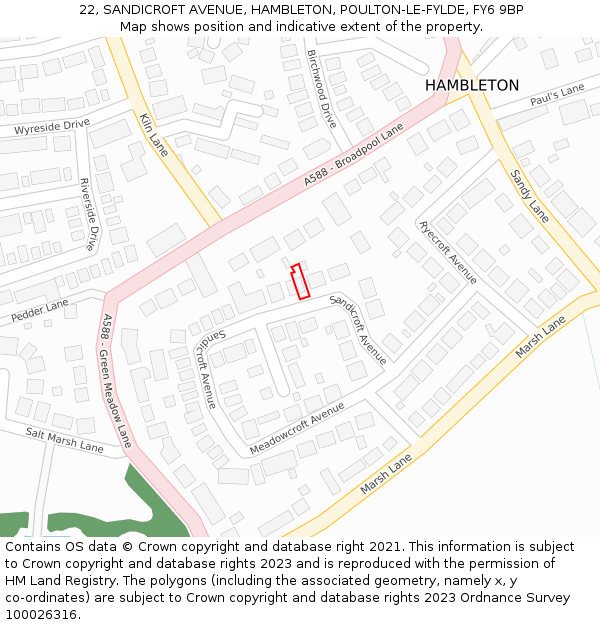 22, SANDICROFT AVENUE, HAMBLETON, POULTON-LE-FYLDE, FY6 9BP: Location map and indicative extent of plot