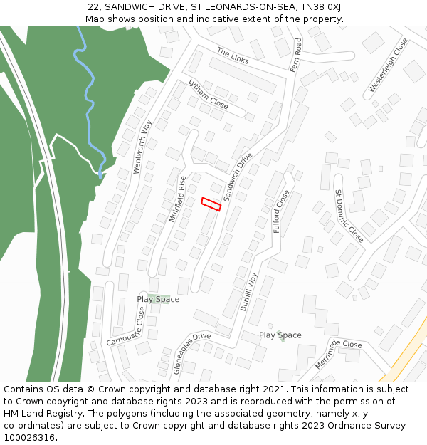 22, SANDWICH DRIVE, ST LEONARDS-ON-SEA, TN38 0XJ: Location map and indicative extent of plot
