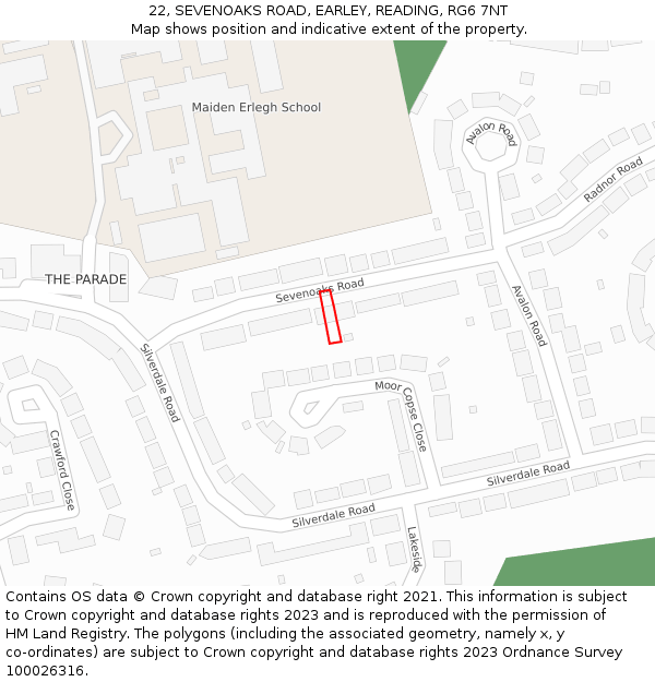 22, SEVENOAKS ROAD, EARLEY, READING, RG6 7NT: Location map and indicative extent of plot