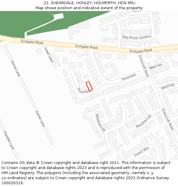 22, SHEARDALE, HONLEY, HOLMFIRTH, HD9 6RU: Location map and indicative extent of plot