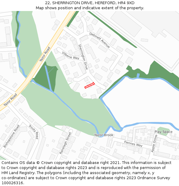 22, SHERRINGTON DRIVE, HEREFORD, HR4 9XD: Location map and indicative extent of plot