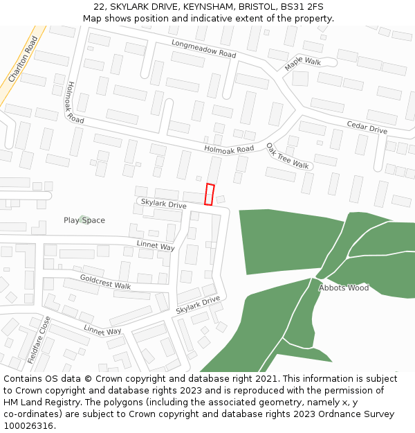 22, SKYLARK DRIVE, KEYNSHAM, BRISTOL, BS31 2FS: Location map and indicative extent of plot