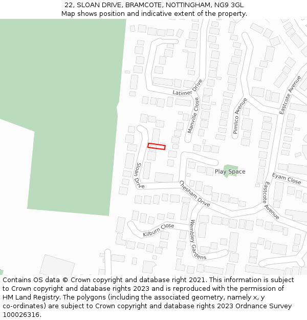22, SLOAN DRIVE, BRAMCOTE, NOTTINGHAM, NG9 3GL: Location map and indicative extent of plot