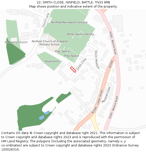 22, SMITH CLOSE, NINFIELD, BATTLE, TN33 9RB: Location map and indicative extent of plot
