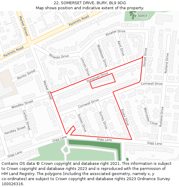 22, SOMERSET DRIVE, BURY, BL9 9DG: Location map and indicative extent of plot