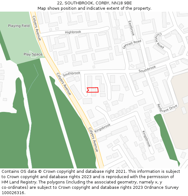 22, SOUTHBROOK, CORBY, NN18 9BE: Location map and indicative extent of plot