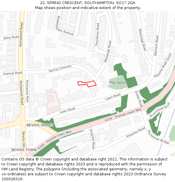22, SPRING CRESCENT, SOUTHAMPTON, SO17 2GA: Location map and indicative extent of plot