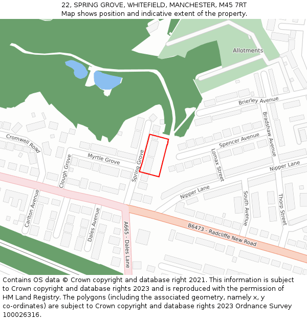 22, SPRING GROVE, WHITEFIELD, MANCHESTER, M45 7RT: Location map and indicative extent of plot