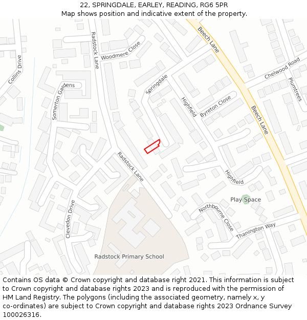 22, SPRINGDALE, EARLEY, READING, RG6 5PR: Location map and indicative extent of plot