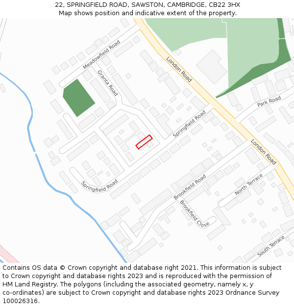 22, SPRINGFIELD ROAD, SAWSTON, CAMBRIDGE, CB22 3HX: Location map and indicative extent of plot