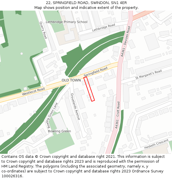 22, SPRINGFIELD ROAD, SWINDON, SN1 4ER: Location map and indicative extent of plot