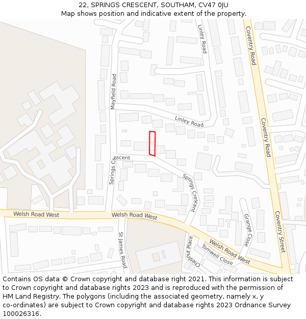 22, SPRINGS CRESCENT, SOUTHAM, CV47 0JU: Location map and indicative extent of plot
