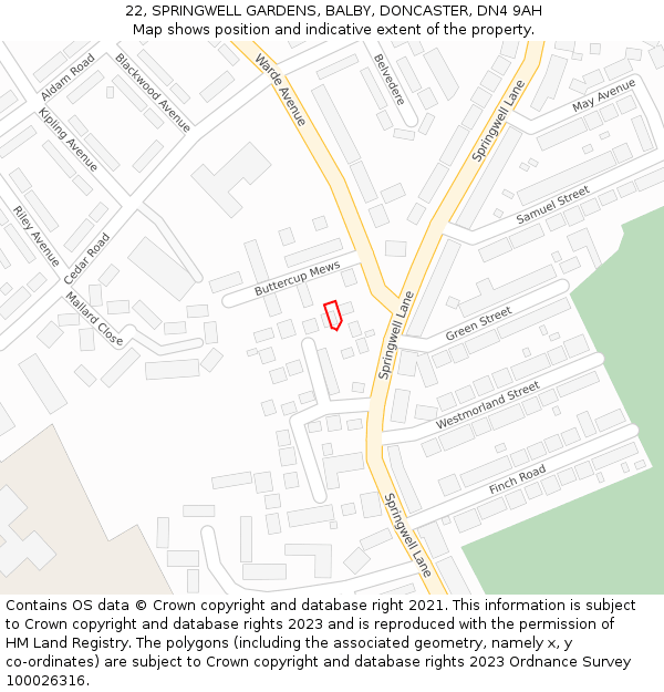 22, SPRINGWELL GARDENS, BALBY, DONCASTER, DN4 9AH: Location map and indicative extent of plot
