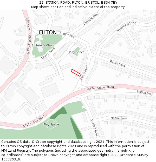 22, STATION ROAD, FILTON, BRISTOL, BS34 7BY: Location map and indicative extent of plot