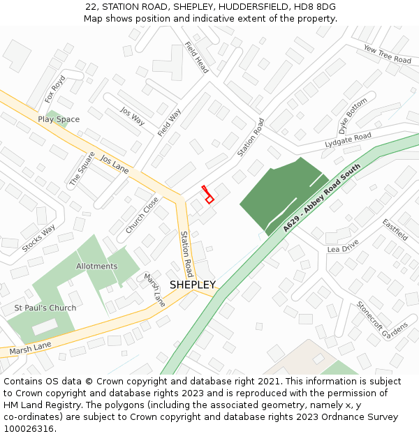 22, STATION ROAD, SHEPLEY, HUDDERSFIELD, HD8 8DG: Location map and indicative extent of plot