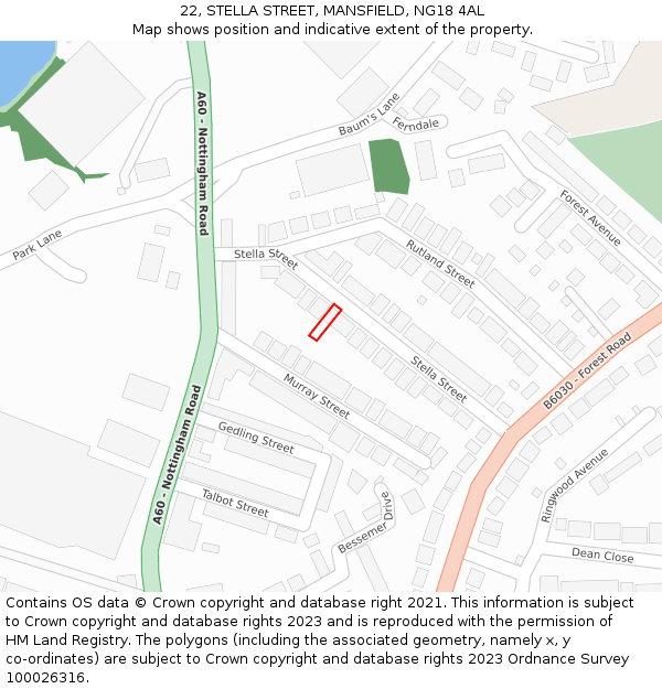 22, STELLA STREET, MANSFIELD, NG18 4AL: Location map and indicative extent of plot